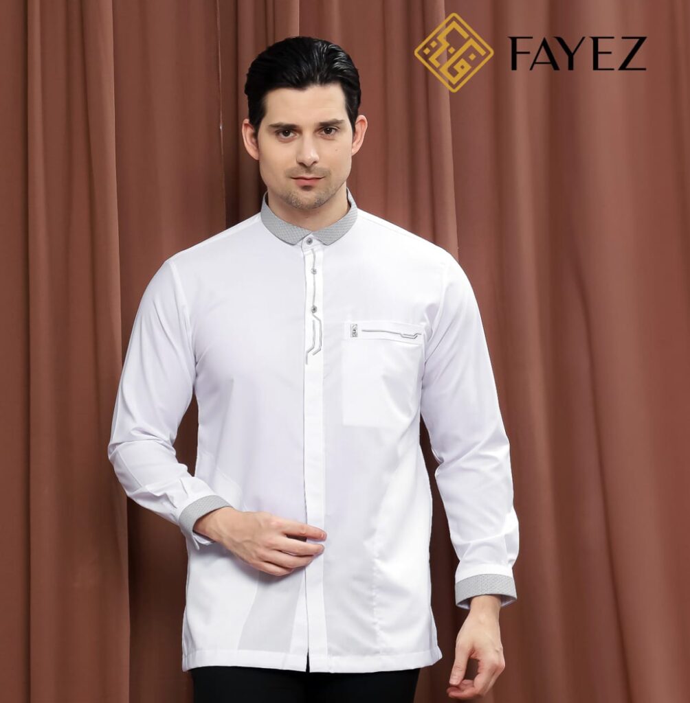 Koleksi baju koko putih lengan panjang dari Fayez untuk tampilan elegan dan modern.